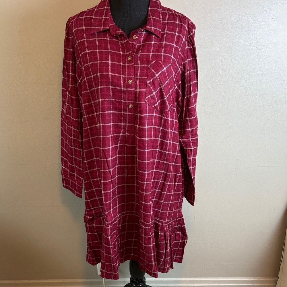 Time & Tru Red Plaid Long Sleeve Soft  Flannel Babydoll Dress Wine Punch NWT XL